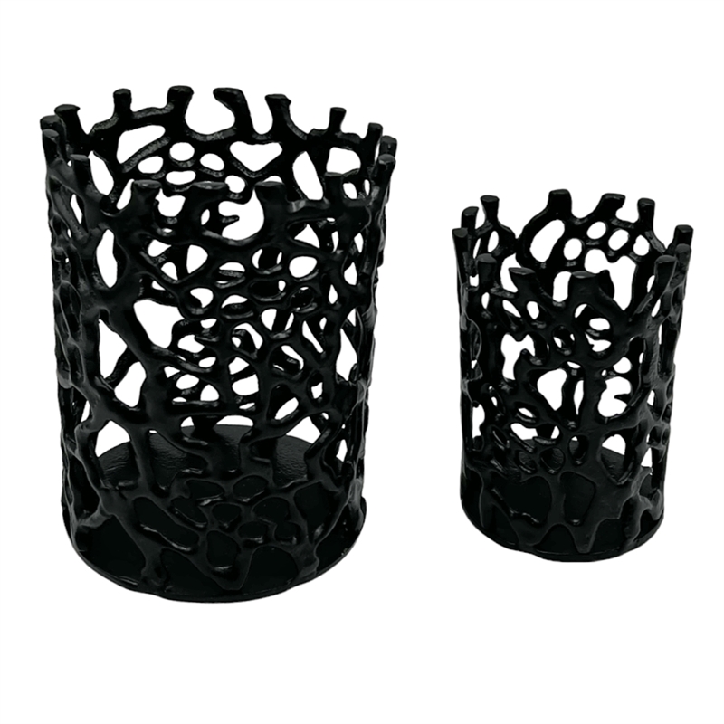 Pemberly Row Set of 2 Decorative Handmade Aluminum Modern Candle Holder in Black