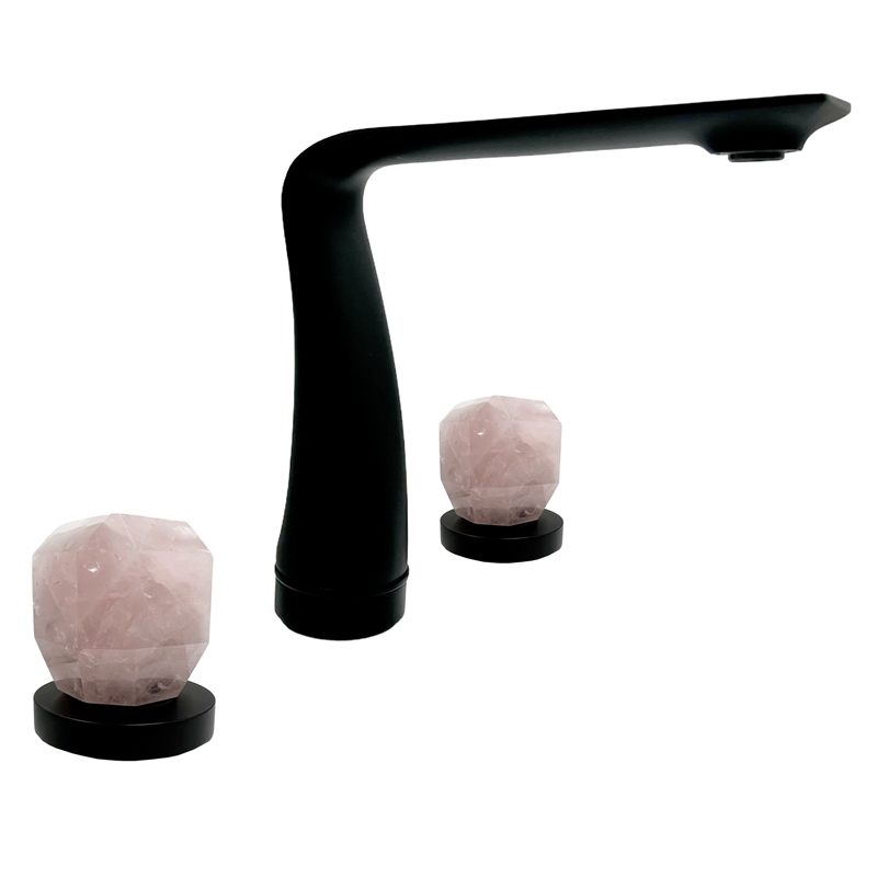 Pemberly Row Matte Black Brass Bathroom Faucet with Pink Rose Quartz Handles