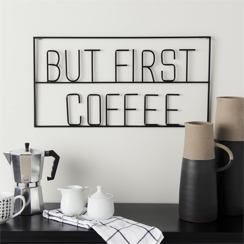 Pemberly Row But First Coffee Metal Wall Sign Cut-Out Typography in Black