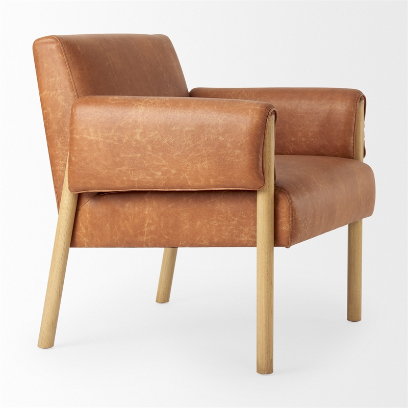 Pemberly Row Brown Faux Leather Fabric with Light Wood Accent Chair