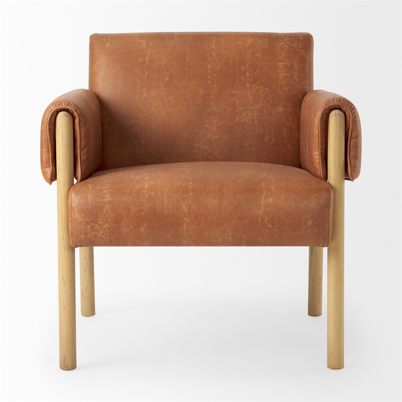 Pemberly Row Brown Faux Leather Fabric with Light Wood Accent Chair