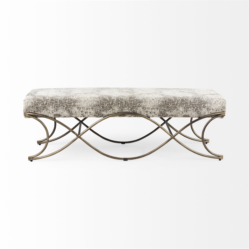 Pemberly Row Light And Dark Gray Fabric Seat with Antique Gold Metal Frame Bench