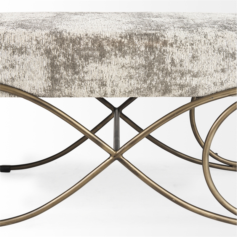 Pemberly Row Light And Dark Gray Fabric Seat with Antique Gold Metal Frame Bench
