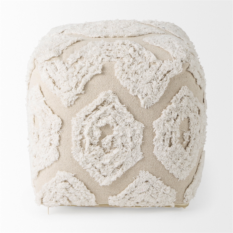 Pemberly Row Contemporary 16Lx16Wx16H Cream/Beige Patterned Cotton Pouf