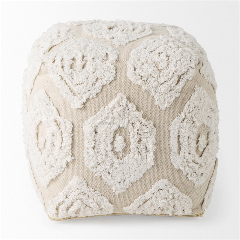 Pemberly Row Contemporary 16Lx16Wx16H Cream/Beige Patterned Cotton Pouf