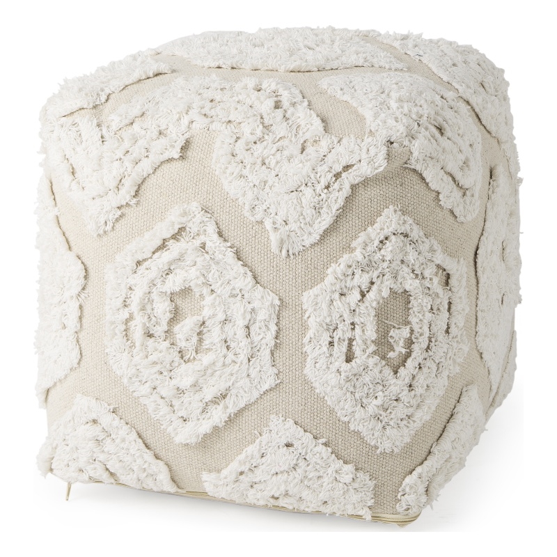 Pemberly Row Contemporary 16Lx16Wx16H Cream/Beige Patterned Cotton Pouf