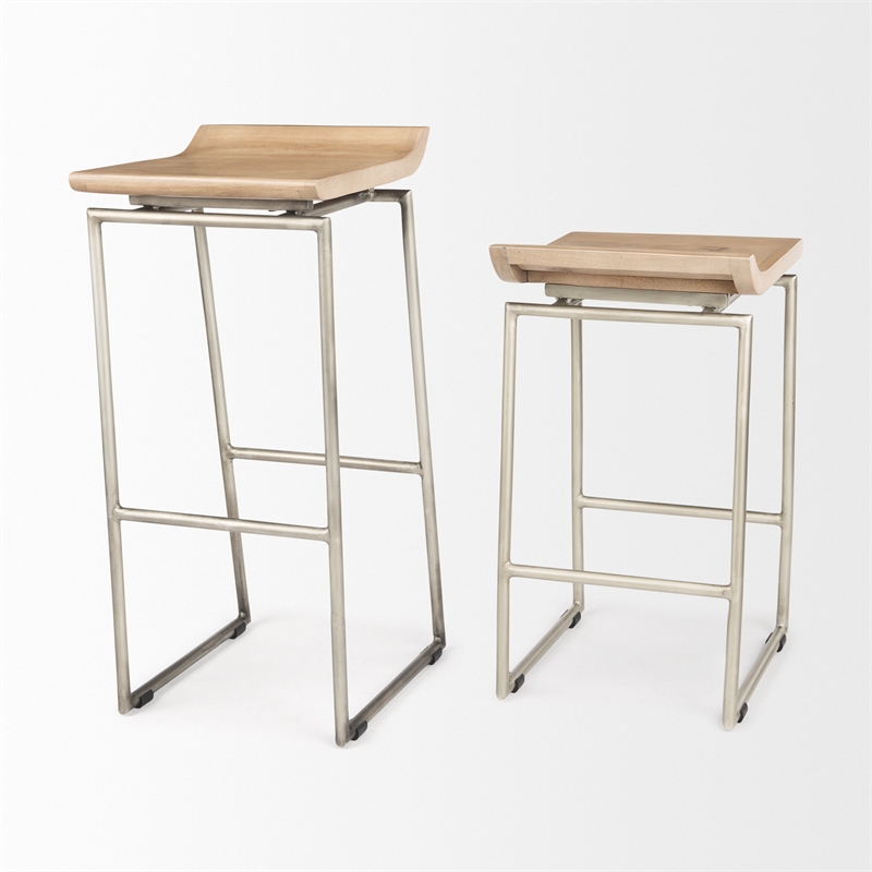 Pemberly Row 14Lx15.8Wx31.8H Brown Wood with Silver Metal Frame Barstool