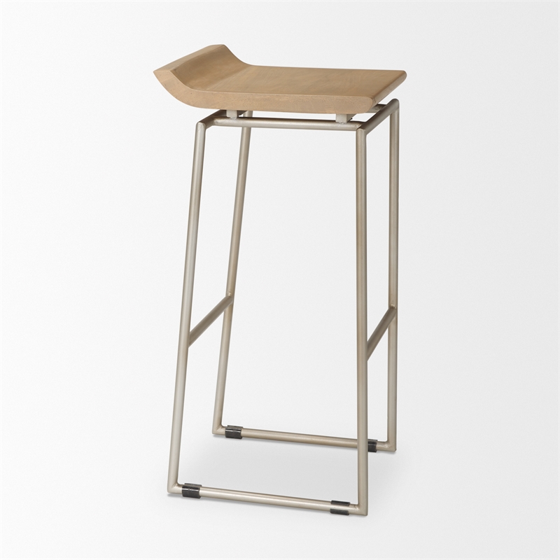 Pemberly Row 14Lx15.8Wx31.8H Brown Wood with Silver Metal Frame Barstool
