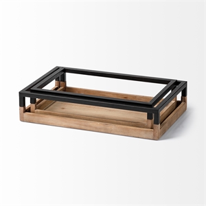 Pemberly Row Natural Wood with Black Metal Nesting Trays in Brown (Set of 2)