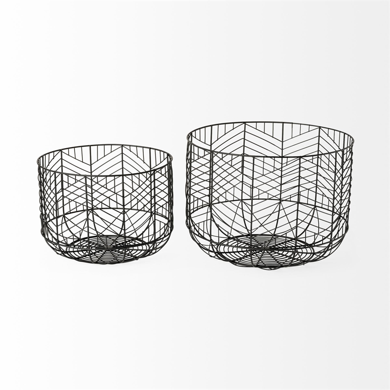 Pemberly Row Set of 2 Black Metal Geometric Mesh Bowls in Black/White