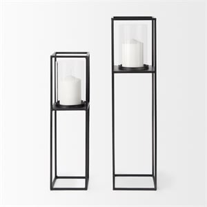 Pemberly Row Matte Black Metal Glass Pillar Tabletop Candle Holders in Set of 2