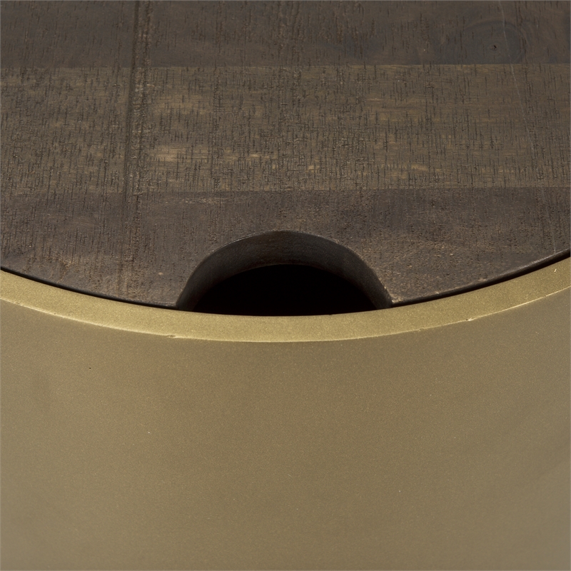 Pemberly Row Gold Metal Drum Base with Dark Brown Wood Top End/Side Table
