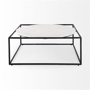 Pemberly Row Round White Marble Top with Black Metal Frame Coffee Table