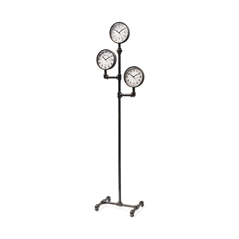 Pemberly Row Contemporary Black Iron Pipe Three Face Floor Clock