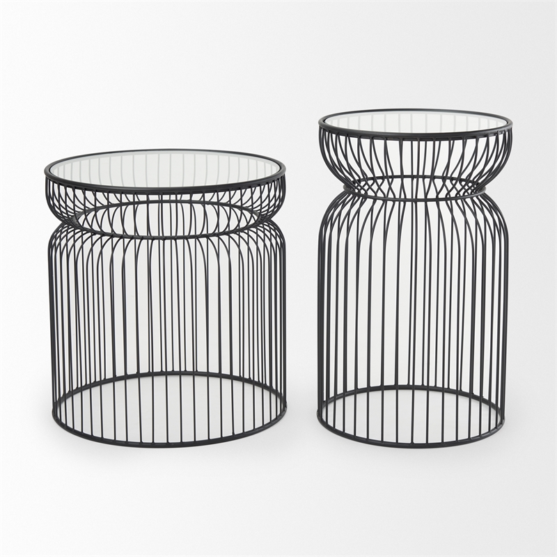 Pemberly Row Set of 2 Round Black Metal with Glass Accent Tables