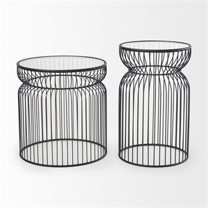 Pemberly Row Set of 2 Round Black Metal with Glass Accent Tables
