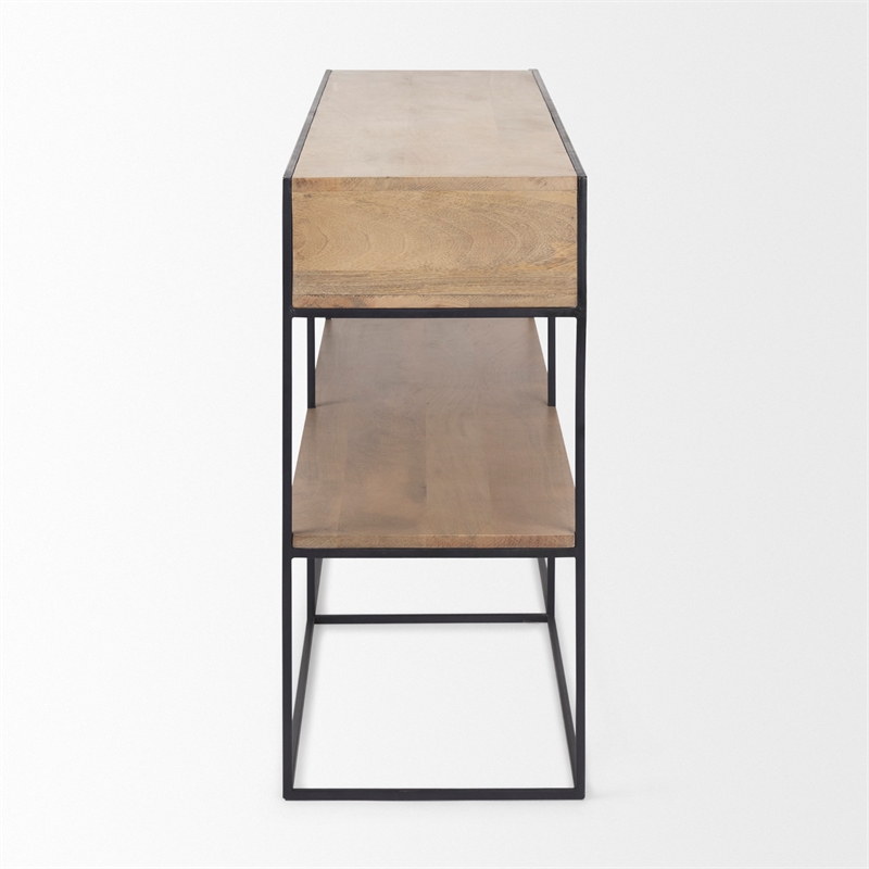 Pemberly Row Beige Wood with Black Metal Frame 2 Drawer Console Table