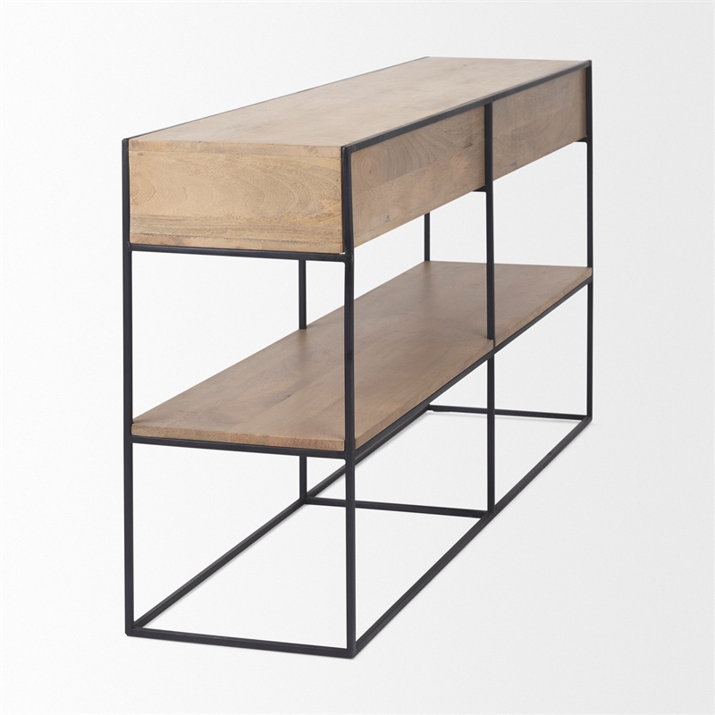 Pemberly Row Beige Wood with Black Metal Frame 2 Drawer Console Table