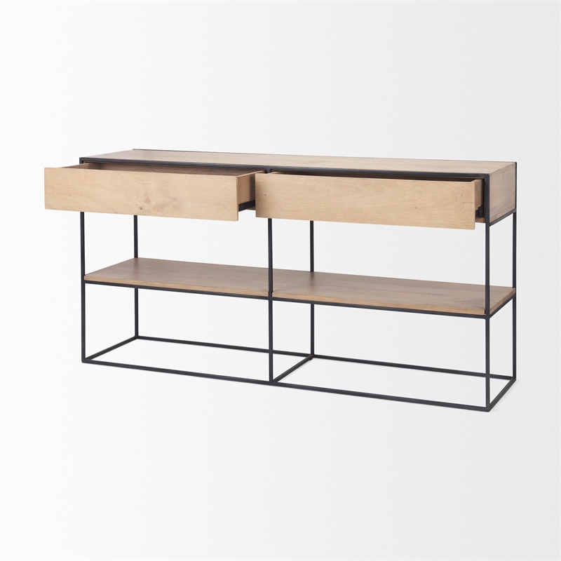 Pemberly Row Beige Wood with Black Metal Frame 2 Drawer Console Table