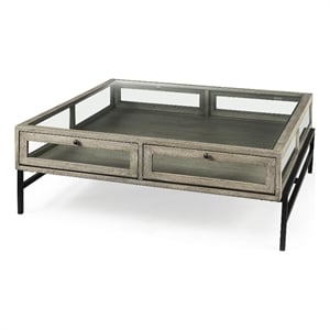 Pemberly Row 42&quot Square Glass Top Display Coffee Table in Gray And Black