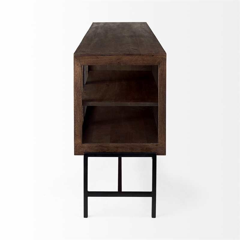 Pemberly Row Metal Base 4 Glass Door Cabinet Sideboard in Medium Brown/Black
