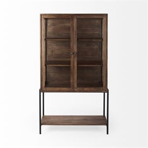 Pemberly Row Medium Brown Wood with Black Metal Base Display Cabinet