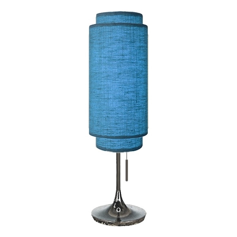 Pemberly Row Table Lamp in Black Nickel Sky Blue Linen Shade On/Off Pull Chain