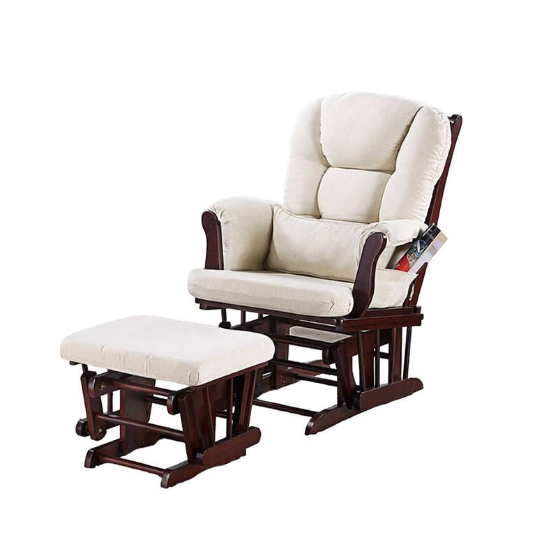 Pemberly Row Glider Manual Recliner Chair w Ottoman- Brown Wood- Square Beige