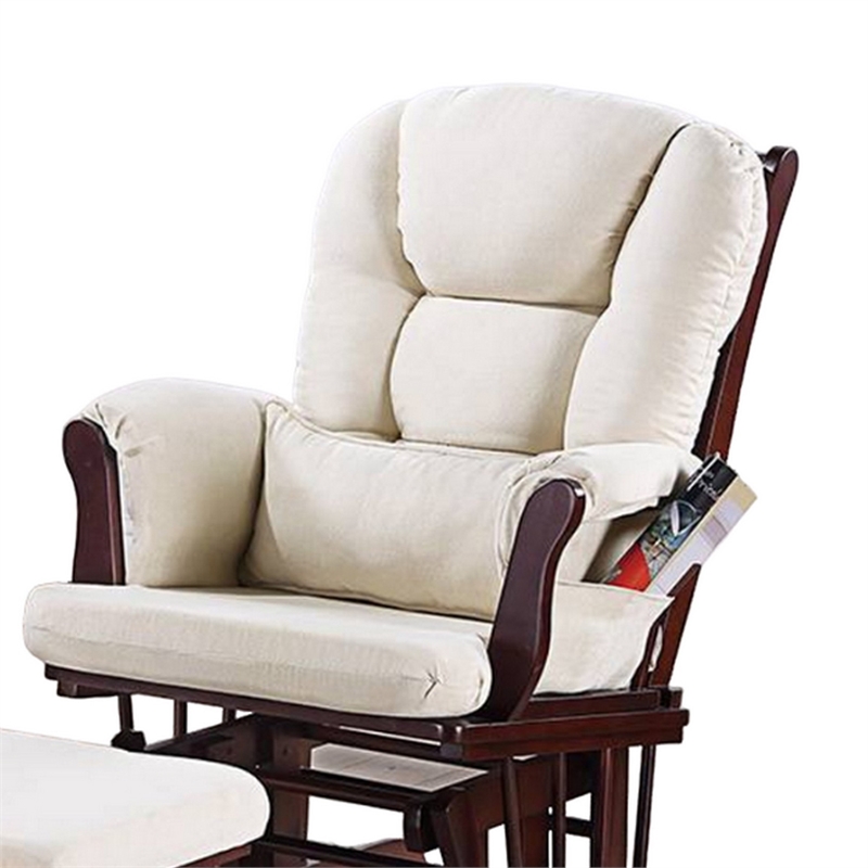 Pemberly Row Glider Manual Recliner Chair w Ottoman- Brown Wood- Square Beige