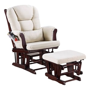 Pemberly Row Glider Manual Recliner Chair w Ottoman- Brown Wood- Square Beige