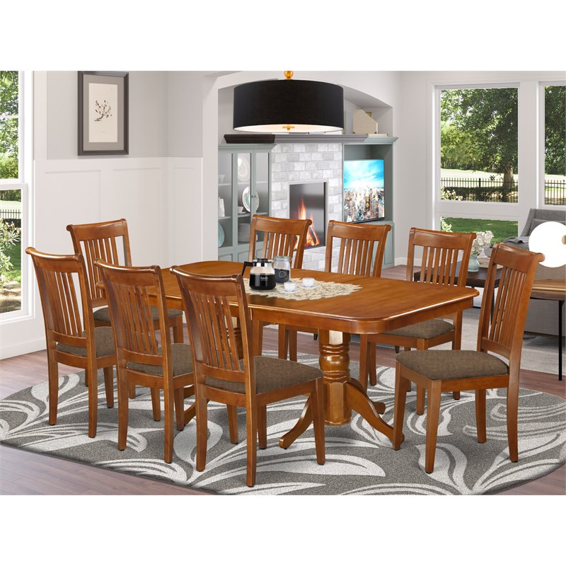 Pemberly Row 9-piece Dining Set with Fabric Chairs in Saddle Brown