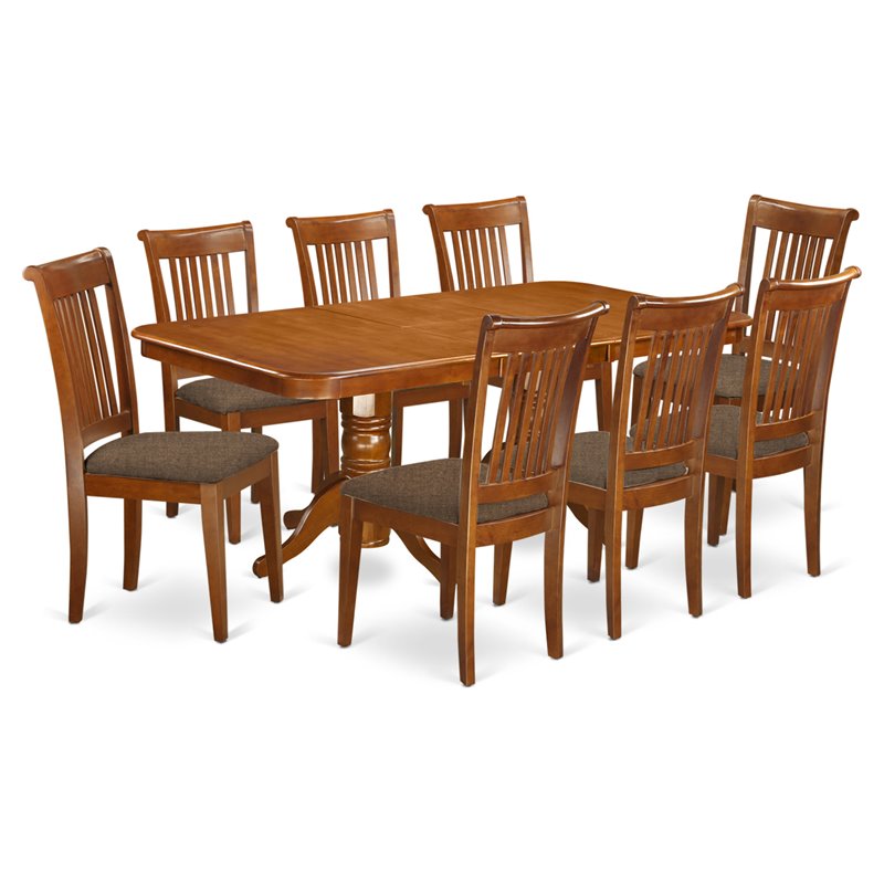 Pemberly Row 9-piece Dining Set with Fabric Chairs in Saddle Brown
