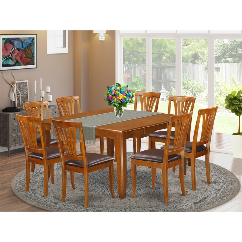 Pemberly Row 9-piece Dining Set with Leather Seat in Saddle Brown