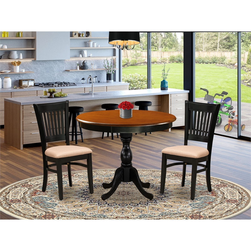 Pemberly Row Kitchen Table and 2 Linen Fabric Dining Chairs - Black Finish