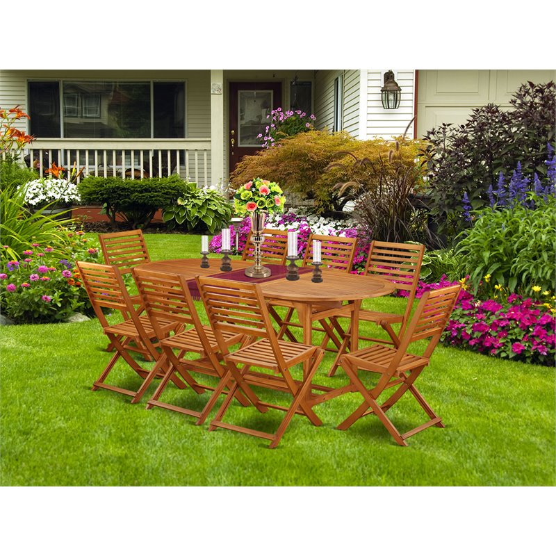 Pemberly Row Traditional 9-piece Wood Patio Set in Natural Oil
