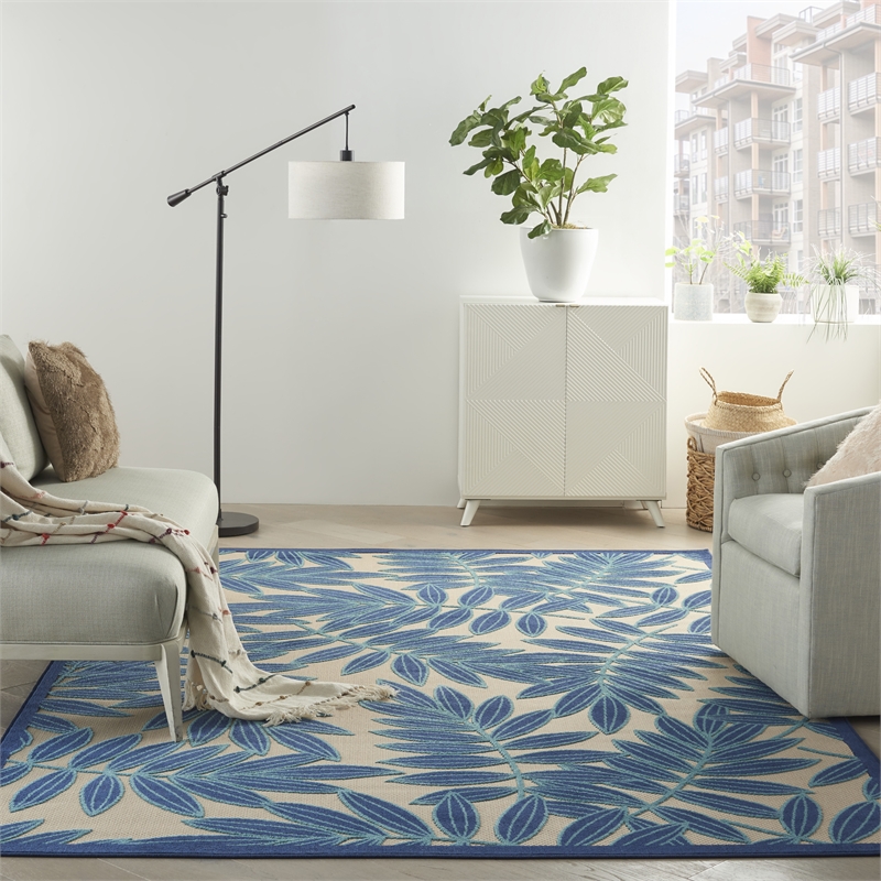 Pemberly Row 6'x9' Navy Blue and White Fabric Tropical Area Rug (6'x9')