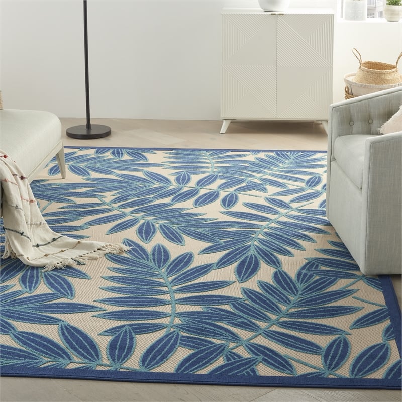 Pemberly Row 6'x9' Navy Blue and White Fabric Tropical Area Rug (6'x9')