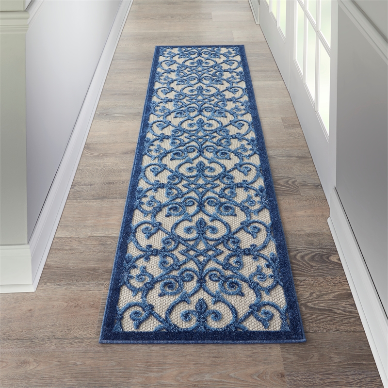 Pemberly Row Contemporary 2'x6' Gray/Blue Indoor/Outdoor Rug
