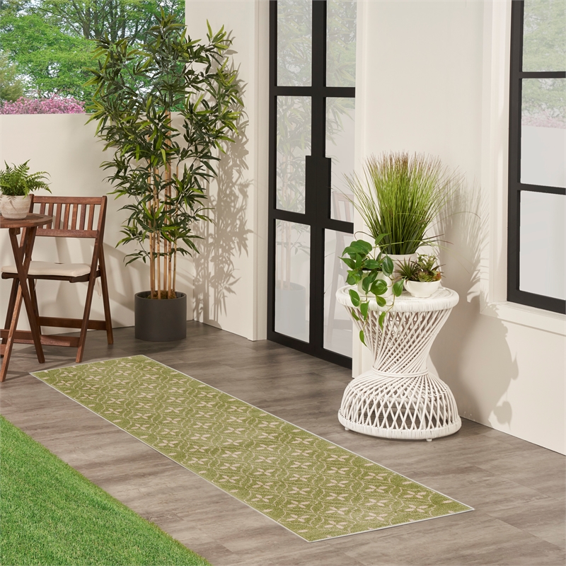 Pemberly Row Contemporary 8' Runner Green Ivory Fabric Area Rug