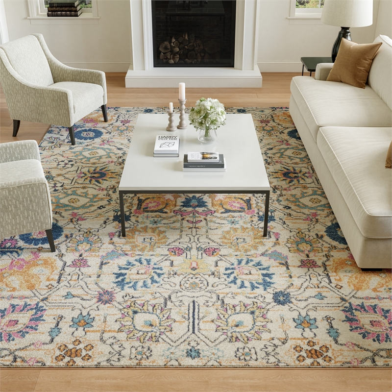 Pemberly Row 8'x10' Ivory Multicolor Fabric Bohemian Area Rug