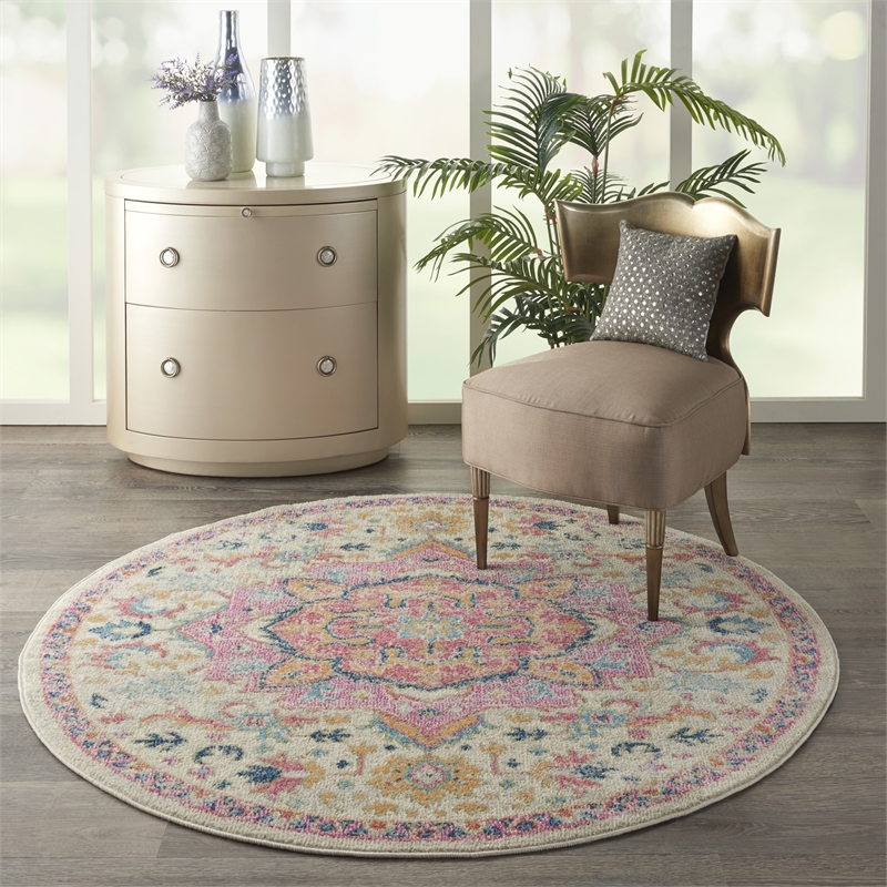 Pemberly Row Transitional 4' Round Ivory Pink Fabric Bohemian Area Rug