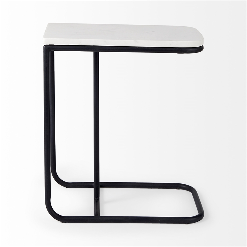 Pemberly Row White Marble Top Black Iron Frame C-Shaped Side Table
