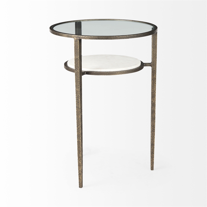 Pemberly Row Glass Top Marble Shelf Gold Base End Table Side Table