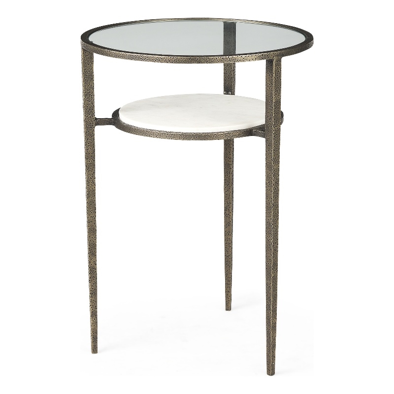 Pemberly Row Glass Top Marble Shelf Gold Base End Table Side Table
