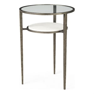 Pemberly Row Glass Top Marble Shelf Gold Base End Table Side Table
