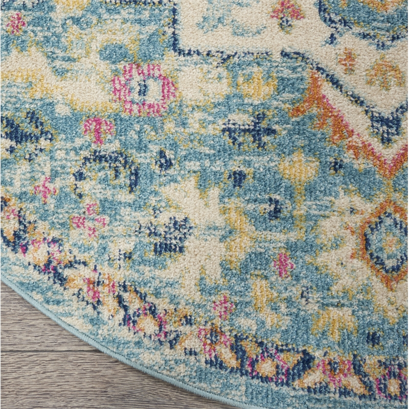 Pemberly Row 4' Round Ivory/Light Blue Bohemian Indoor Polypropylene Rug