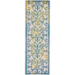 Pemberly Row Contemporary 2'x 6' Ivory Blue Indoor/Outdoor Rug