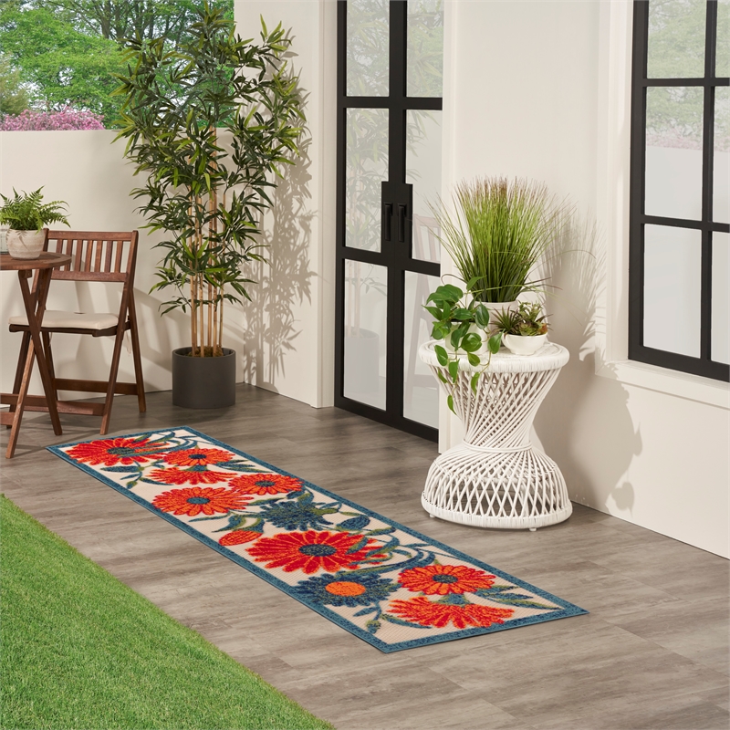 Pemberly Row 6' Runner Ivory Multicolor Fabric Outdoor Area Rug