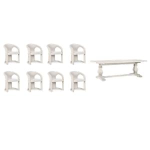 Pemberly Row Set of 9 94&quot Solid Pine Wood Dining Table & Upholstered Chairs