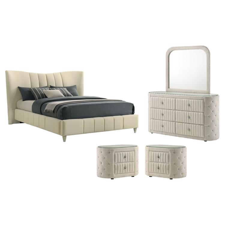 Pemberly Row Set of 4 Queen Panel Platform Bed & Dresser w/ Mirror & Nightstands